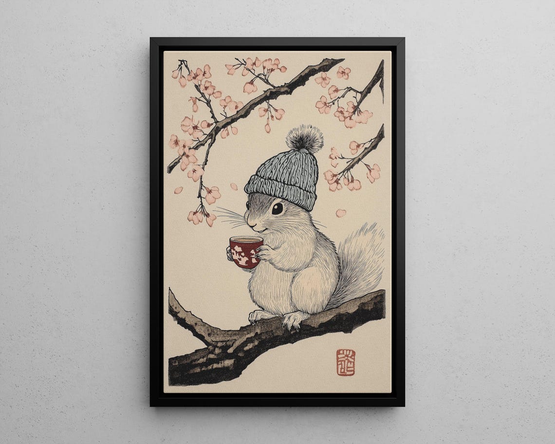 Cute Squirrel with Beanie Drinking Tea Cherry Blossom Japanese Poster