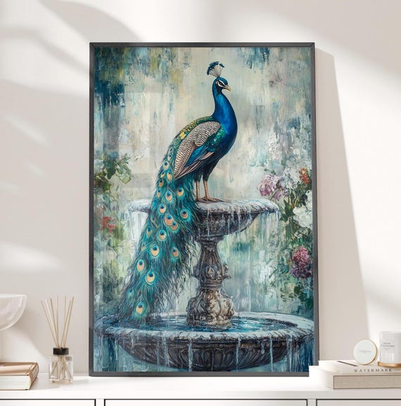 Peacock On A Fountain Classic Vintage William Morris Inspired Oil Painting Poster Or Canvas Print Blue Botanical Animal Art