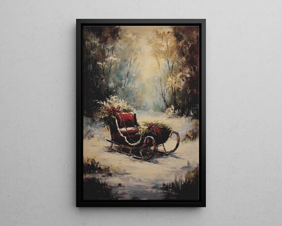 Vintage Red Sleigh Snowy Winter Forest Oil Painting Christmas Art Poster