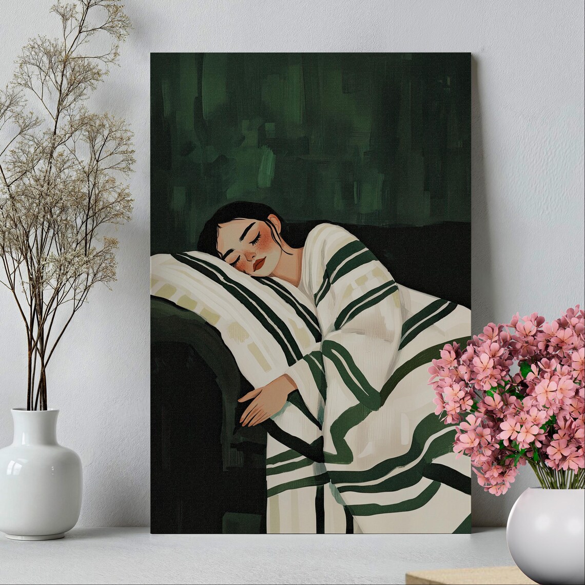 Woman Sleeping Cozy Bed Emerald Green Modern Bedroom Art Poster