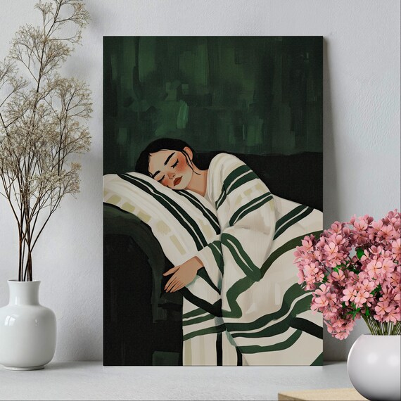 Woman Sleeping Cozy Bed Emerald Green Modern Bedroom Art Poster