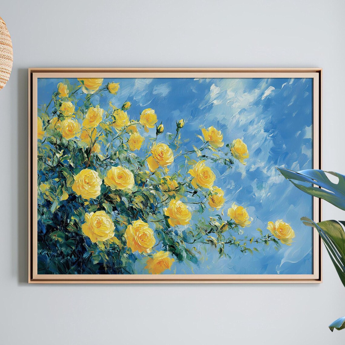 Yellow Roses Oil Painting Blue Sky Floral Still Life Art Poster
