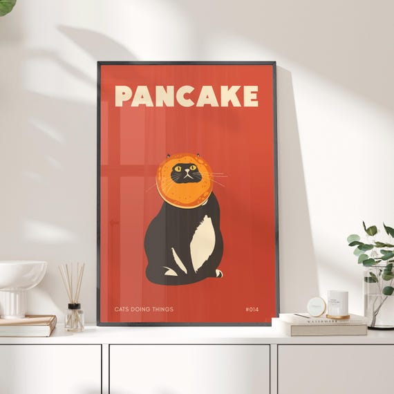 Cat Doing Things Black Pancake Face Poster Or Canvas Print Posters Funny Kitchen Decor Retro Wall Art Humorous