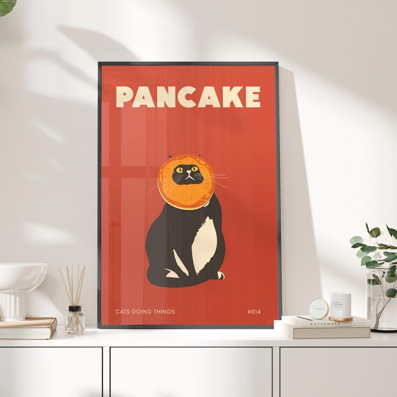 Funny Black Cat With Pancake Face Retro Kitchen Humor Poster