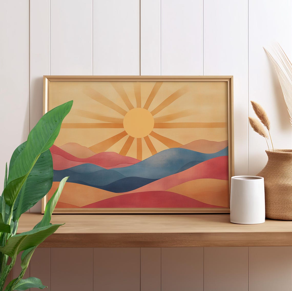 Colorful Sunrise Sunburst Over Layered Hills Boho Art Poster