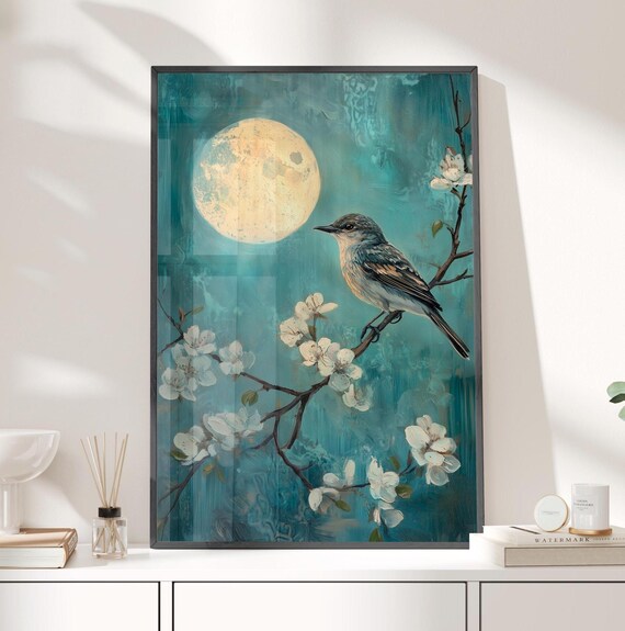 Moonlit Night Songbird On Blossom Branch Golden Teal Floral Poster