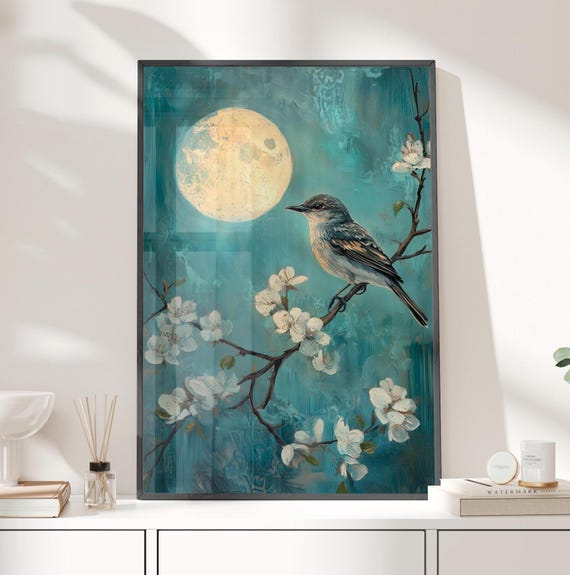 Vintage Nightingale On Moonlit Branch William Morris Inspired Oil Painting Poster Or Canvas Print Moon And Floral Botanical Art