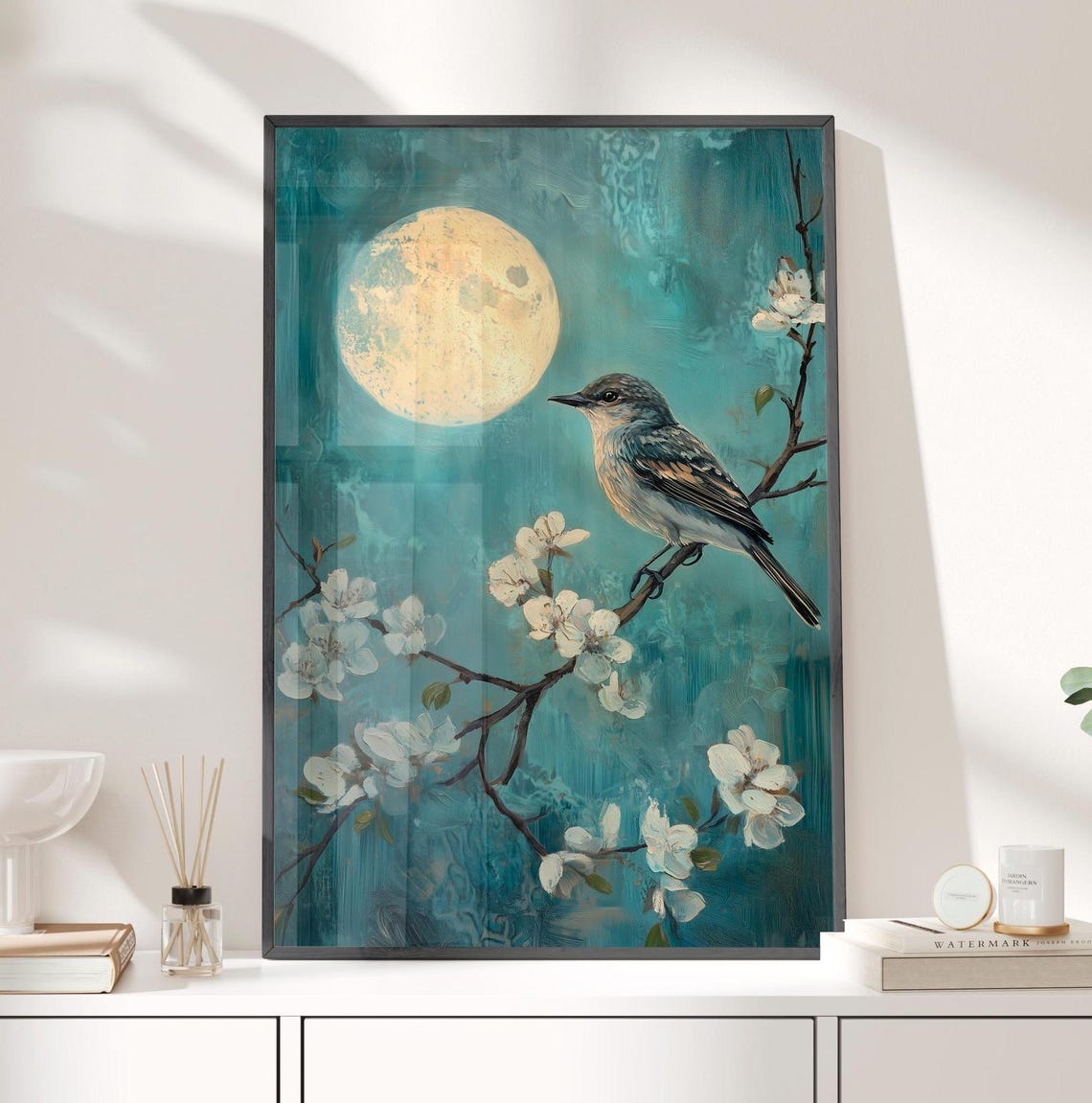 Moonlit Night Songbird On Blossom Branch Golden Teal Floral Poster