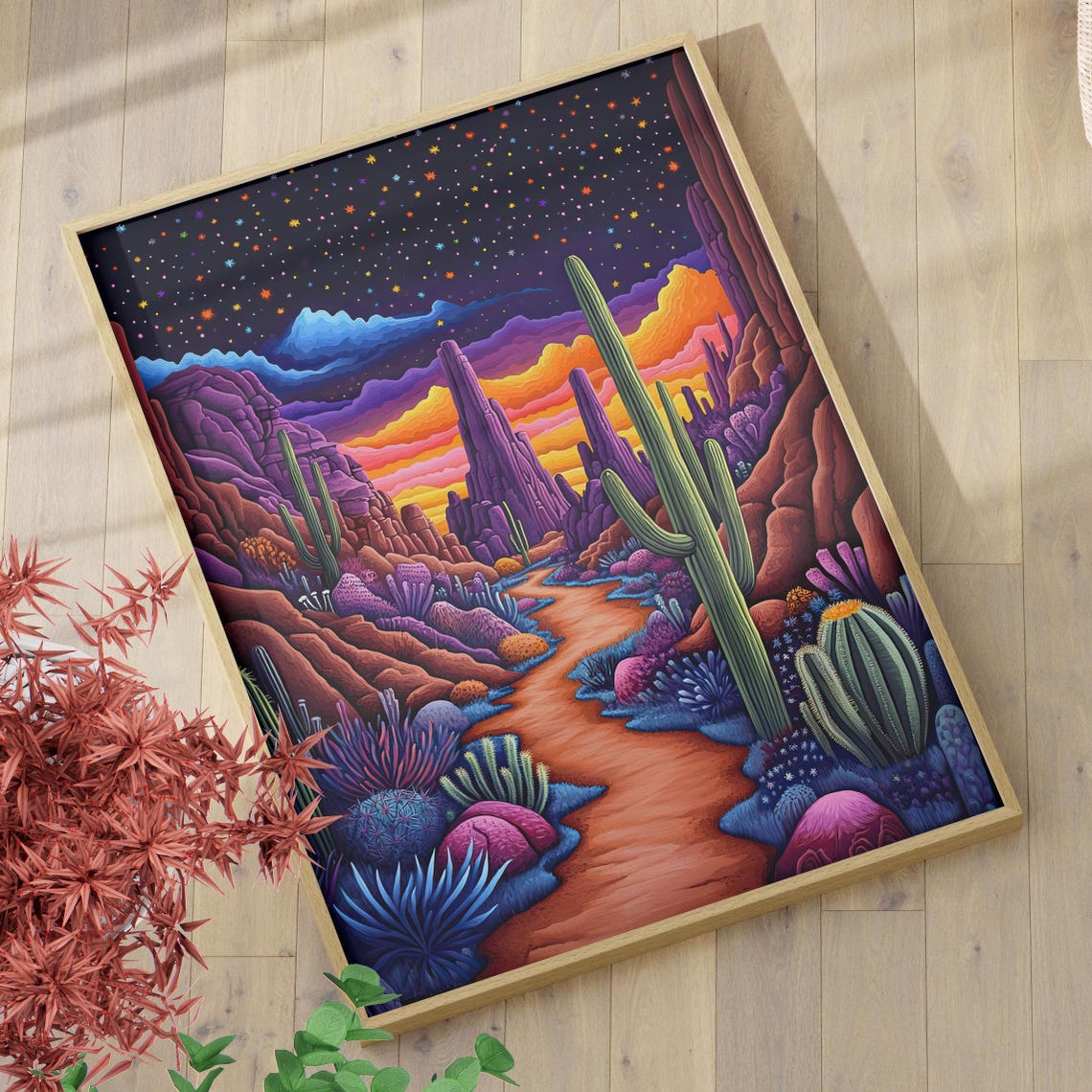 Psychedelic Desert Night With Cacti Under Colorful Starry Sky Poster