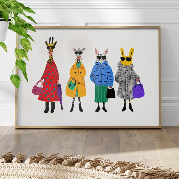 Animals Fashion Illustration Poster Or Canvas Print Playful Animal Wild Minimalist Wall Art Week Gift For Her