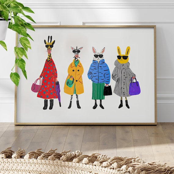 Fashionable Animals in Coats and Sunglasses Whimsical Style Poster