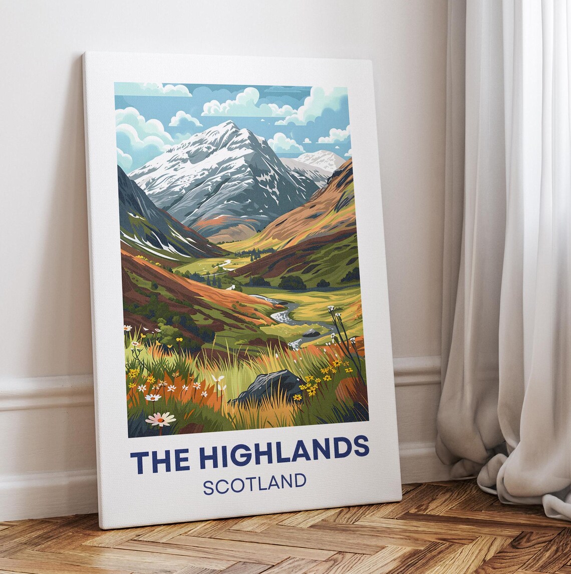 The Highlands Scotland Snowy Mountain Valley Vintage Travel Poster