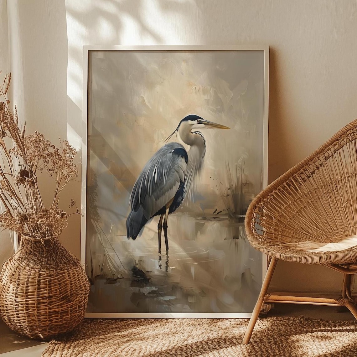 Blue Heron Wading In Misty Marsh Elegant Oil Painting Wall Art