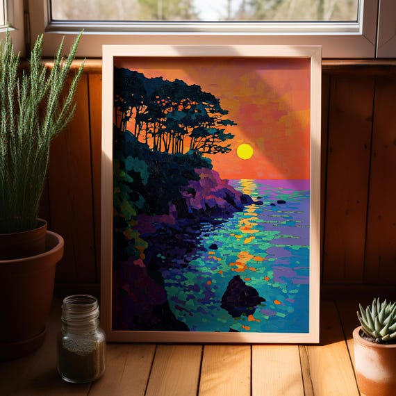 Big Sur Sunset Mosaic Style Art Painting Poster Or Canvas Print Vibrant Abstract Wall Coastal Shoreline Ocean Landscape
