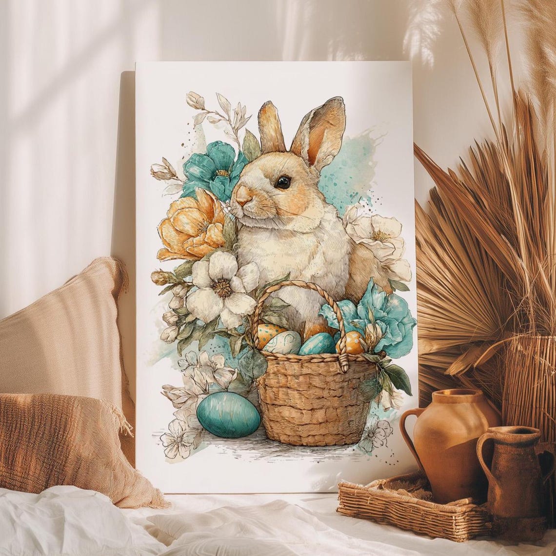 Watercolor Easter Bunny With Egg Basket And Spring Flowers Poster