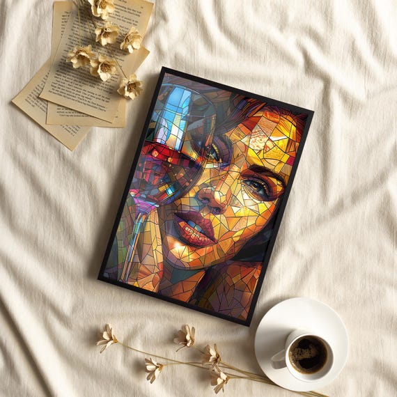 Mosaic Wine Lady Vibrant Colorful Art Print Poster Or Canvas Wall Modern Abstract Woman Feminine