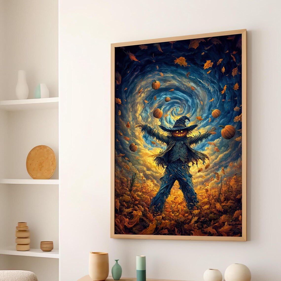 Whimsical Scarecrow Swirling Autumn Leaves Pumpkins Fantasy Art Poster