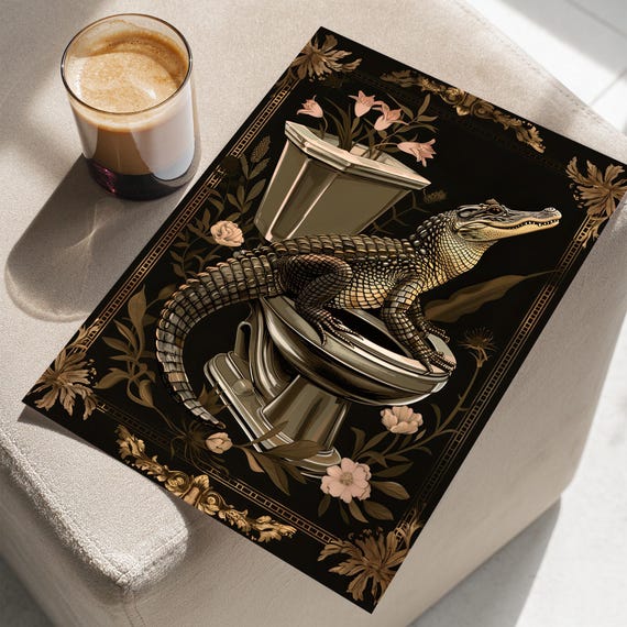 Botanical Alligator On The Toilet Floral Vintage Style Whimsical Wall Art Poster Or Canvas Print Crocodile Potty Funny Bathroom Sign