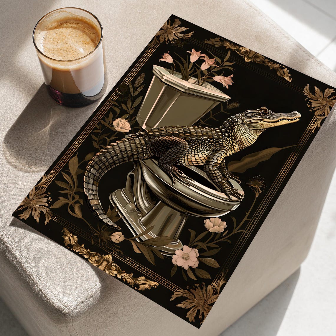 Alligator On Toilet Dark Botanical Victorian Whimsical Bathroom Poster