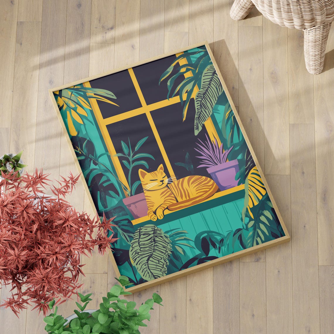 Orange Tabby Cat Sleeping on Windowsill Tropical Plants Poster