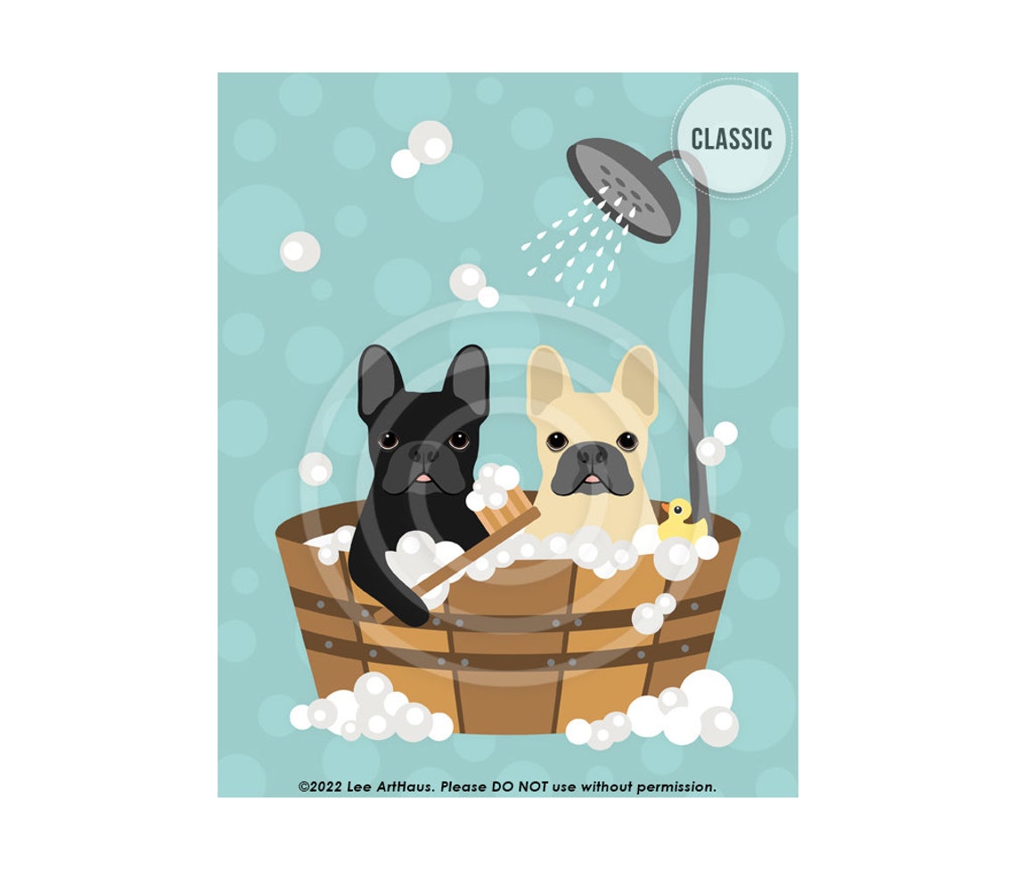 120dp French Bulldog Gifts Two French Bulldogs In Wooden Tub Wall Art French Bulldog Print Bathroom Art Bath Print Dog Art