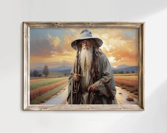 Gandalf the Grey Portrait Sunset Oil Painting Fantasy Wizard Poster