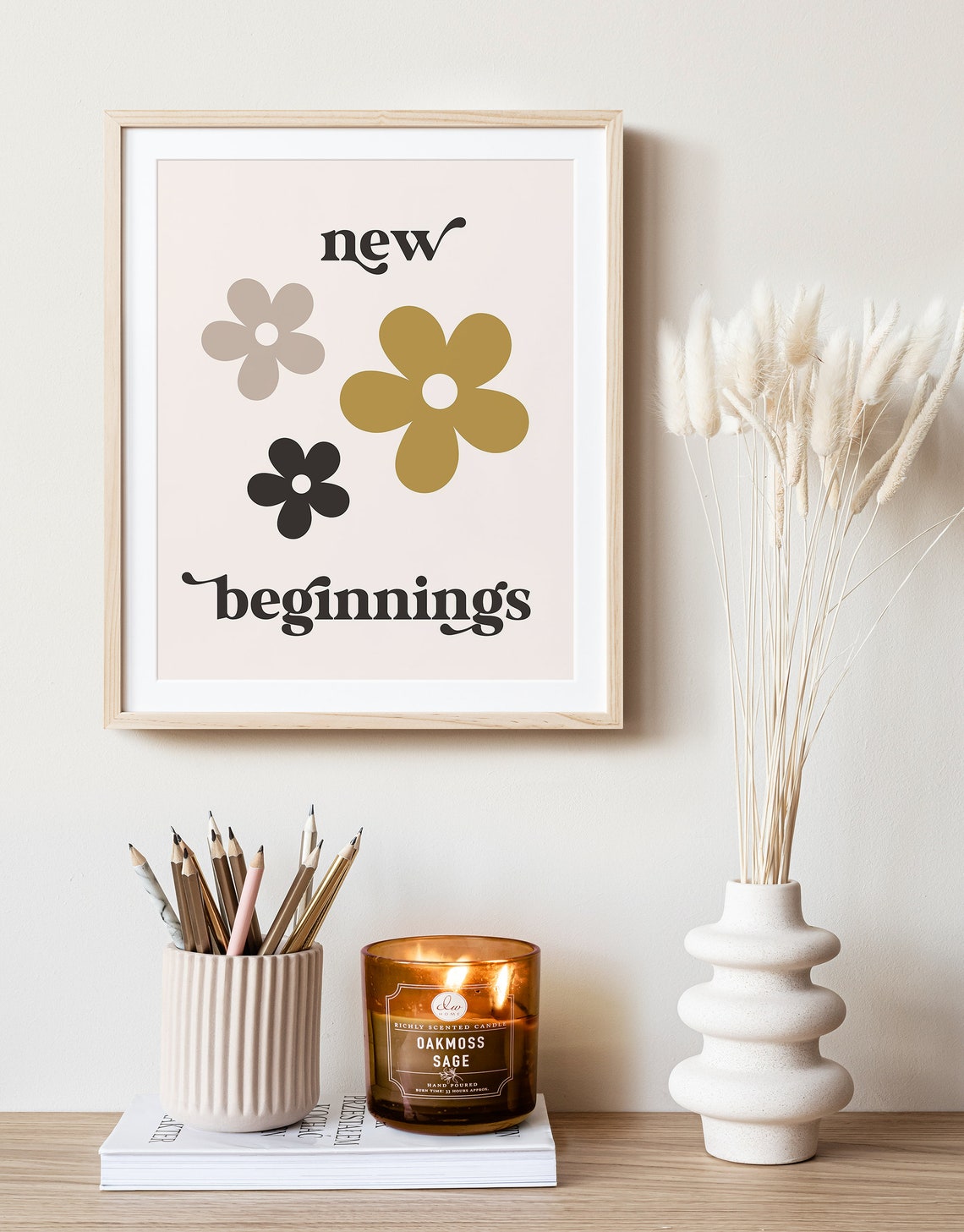 New Beginnings Retro Floral Quote Print Boho Gold Daisy Wall Art - Image 2