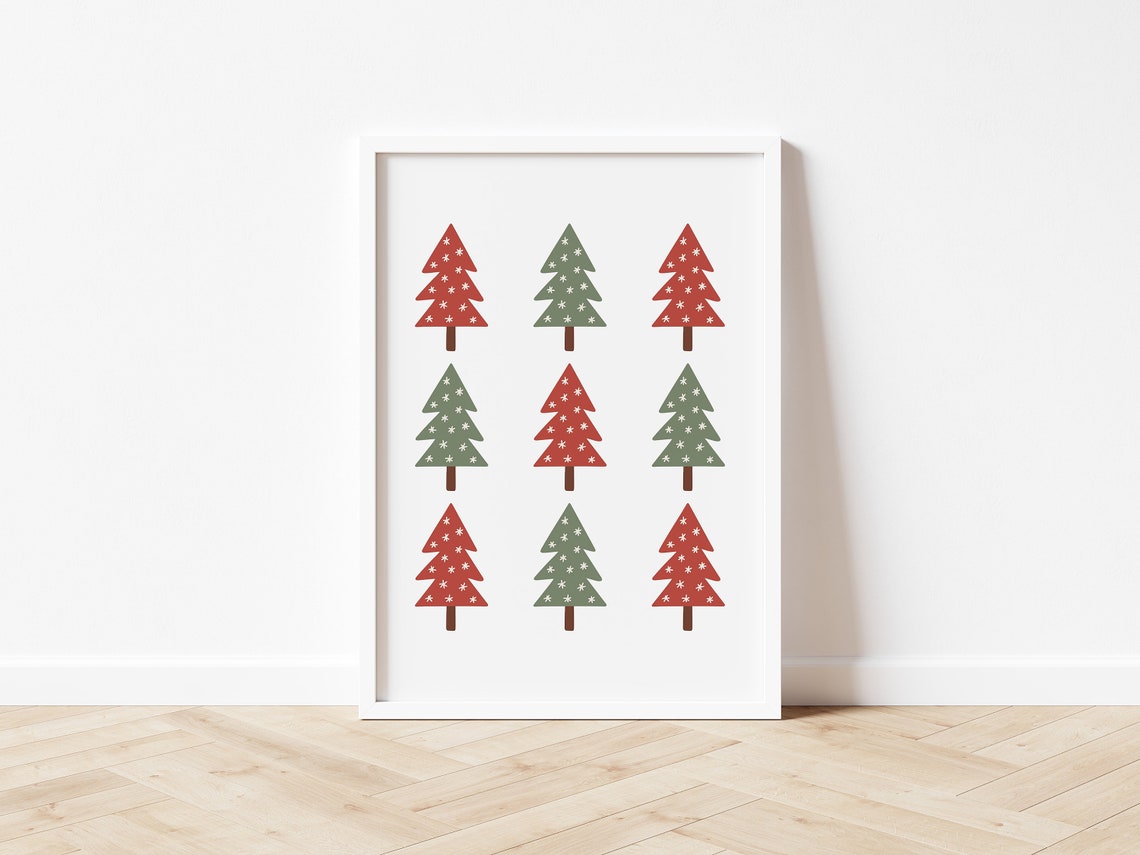 Christmas Trees Grid Print Red Green Snowflake Modern Holiday Wall Art - Image 3