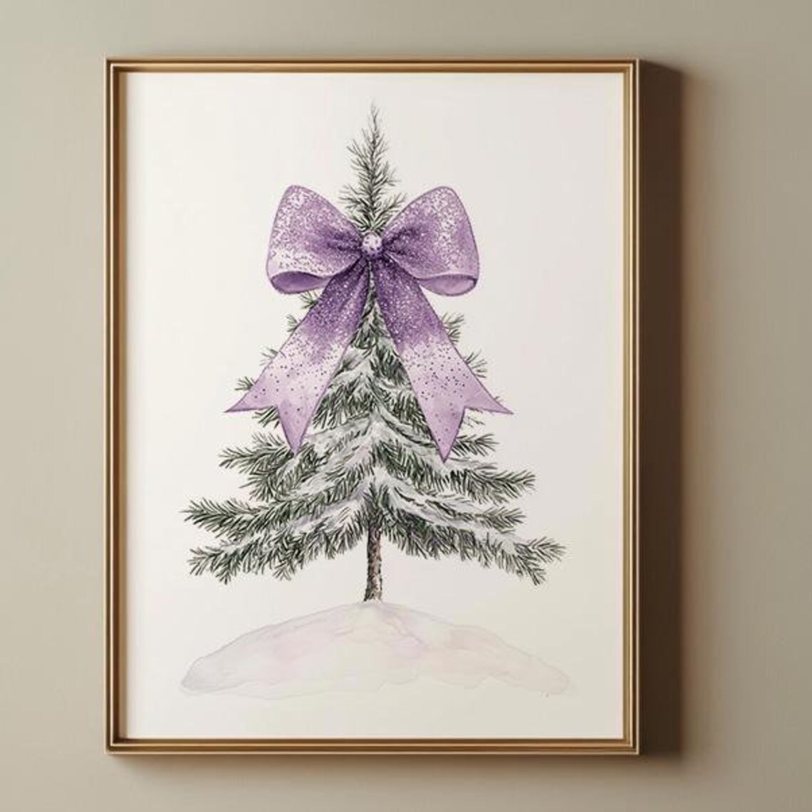 Lilac Glitter Bow Watercolor Christmas Tree Holiday Art Decor Poster