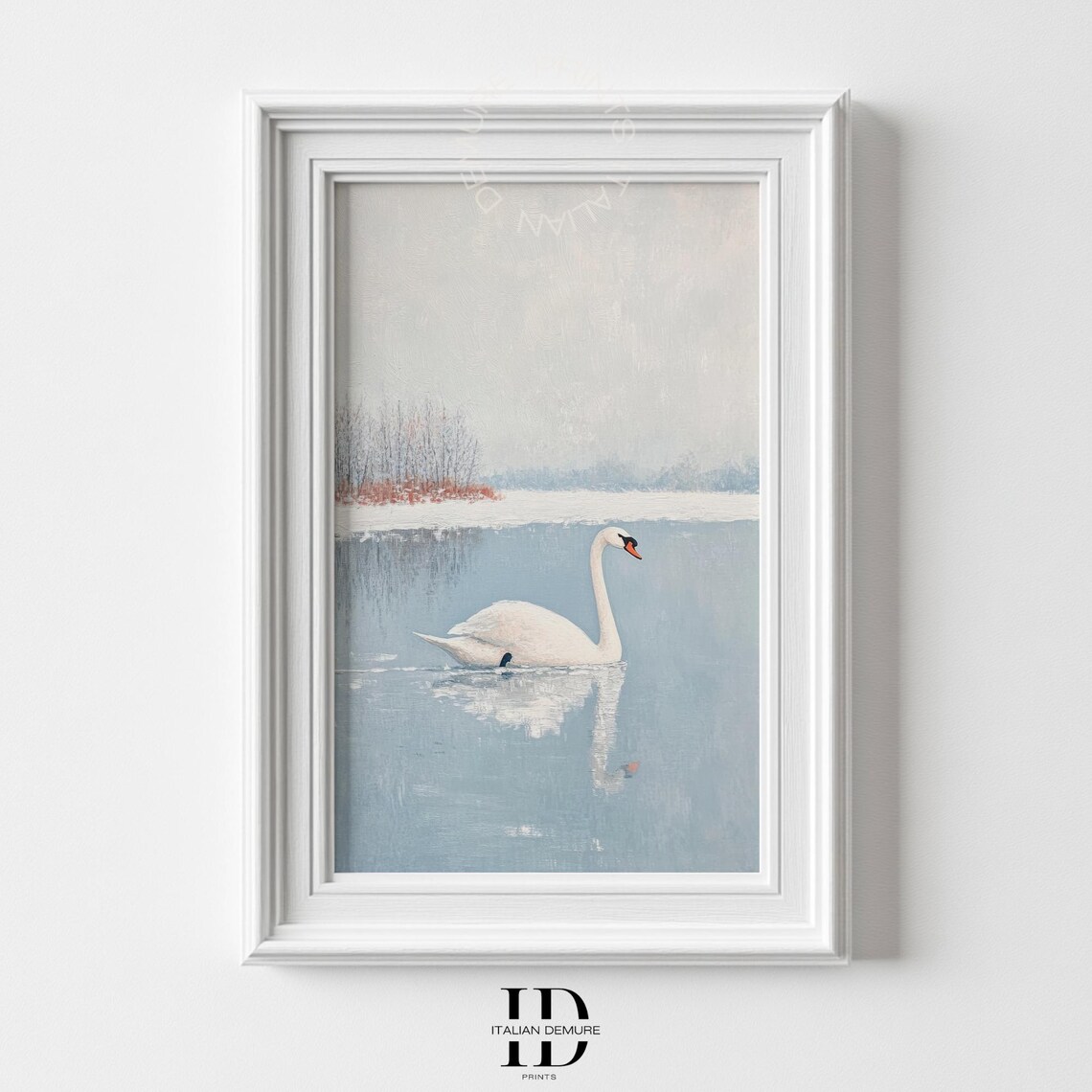 Elegant White Swan On Serene Snowy Lake Tranquil Winter Art Print