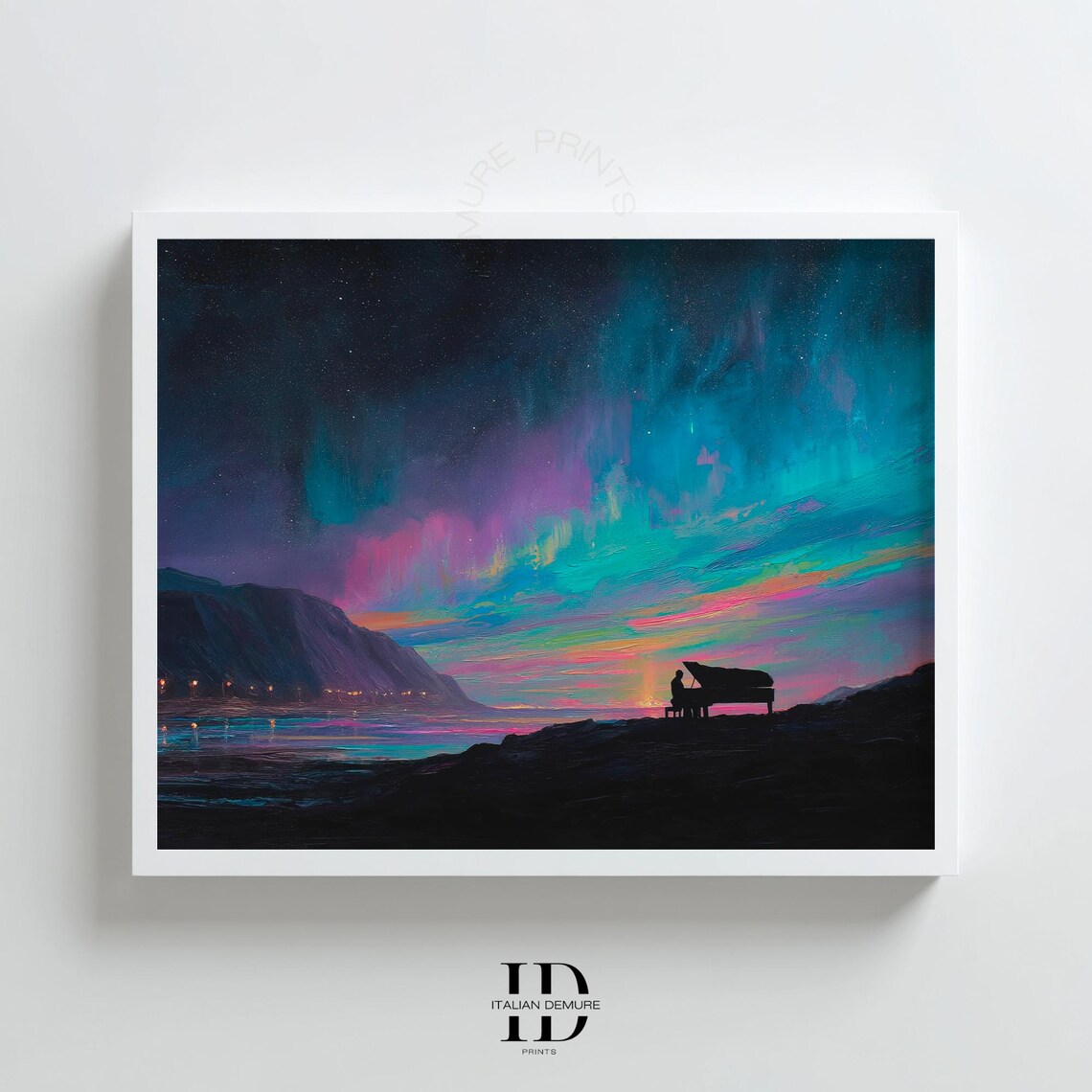 Pianist Silhouette Aurora Borealis Northern Lights Coastal Painting Poster