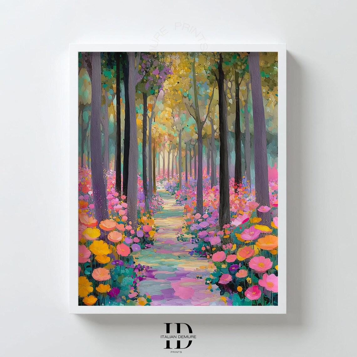 Colorful Forest Pathway With Flowers Impressionist Floral Landscape Poster