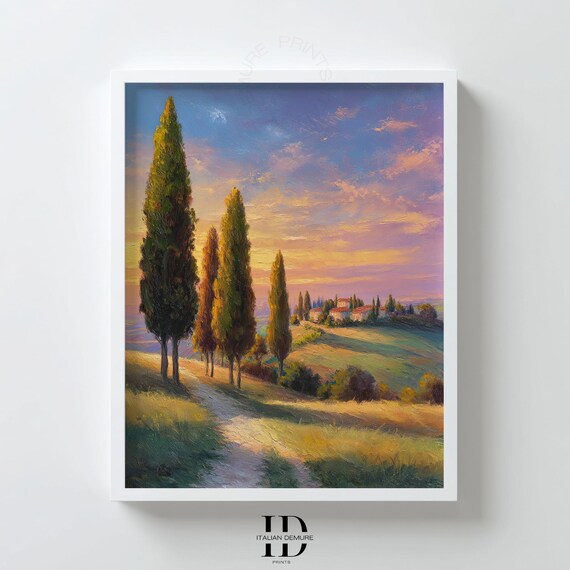 Tuscan Cypress Trees Golden Sunset Hills Italy Country Wall Poster