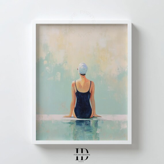 Retro Poolside Wall Art Swimmer Painting Minimalist Blue Bathing Woman Modern Mid Century Beach Decor