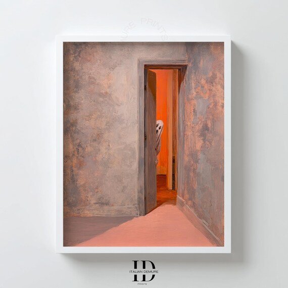 In The Hallway Art Print Surreal Minimalist Wall Warm Orange Corridor Painting Spooky Modern Decor Poster