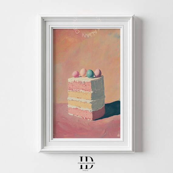 Easter Cake Art Pastel Wall Whimsical Still Life Vintage Kitchen Decor Artwork Bunny