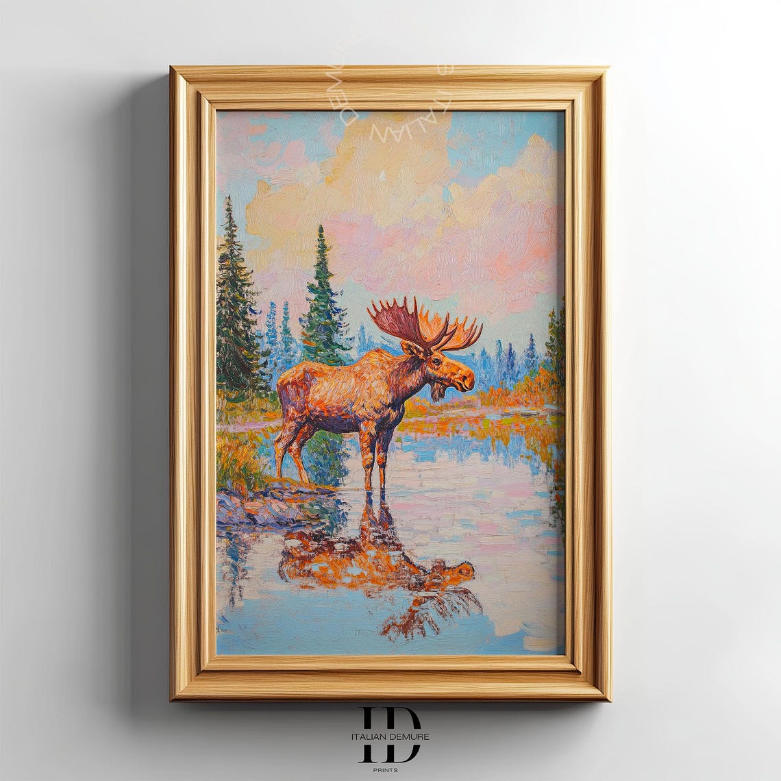 Bull Moose at Water Impressionist Wilderness Wildlife Poster