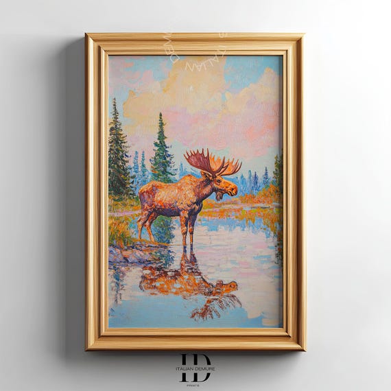 Majestic Moose Wall Art Wilderness Landscape Print Nature Cabin Decor Wildlife Forest Painting Rustic Country
