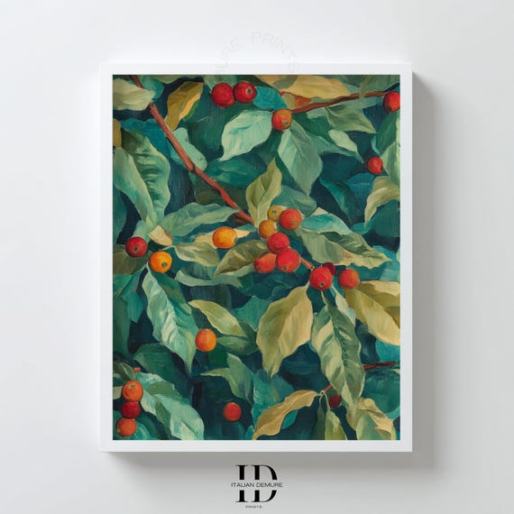 Tropical Coffee Plant Wall Art Print Botanical With Red Berries Lush Leaves For Kitchen Or Cafe Decor