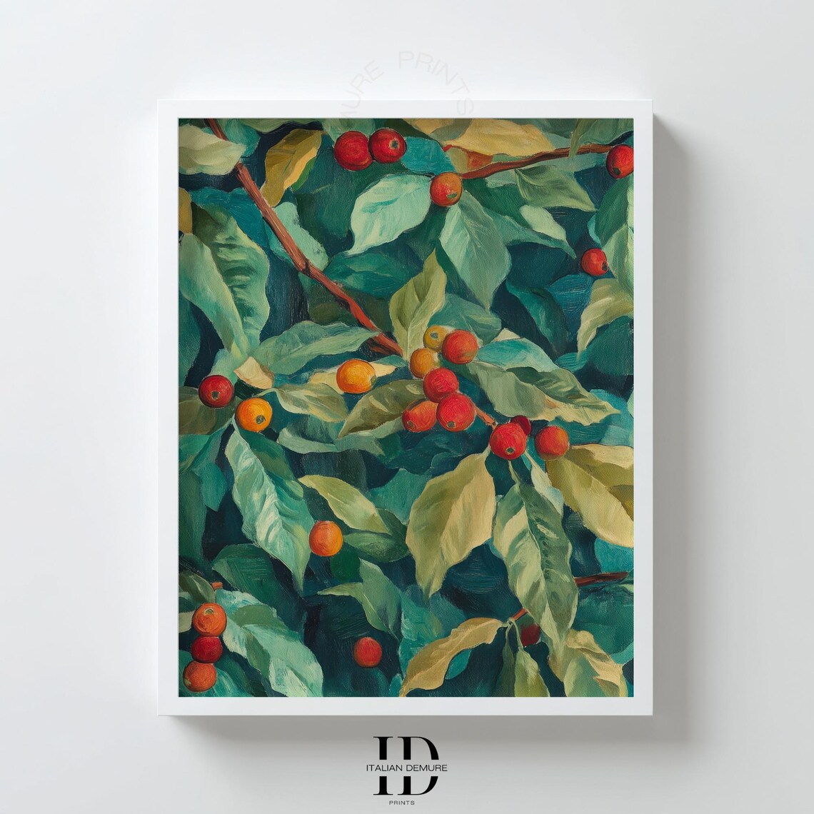 Tropical Coffee Plant Wall Art Print Botanical With Red Berries Lush Leaves For Kitchen Or Cafe Decor