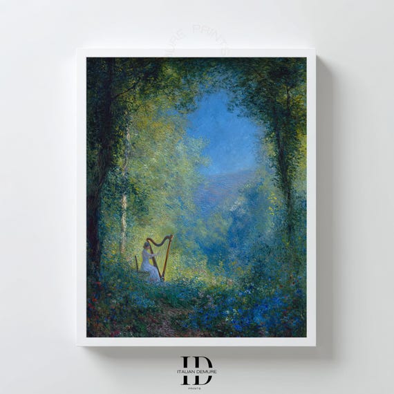 Enchanted Forest Harpist Art Print Impressionist Musician Painting Serene Garden Wall Decor Music Poster