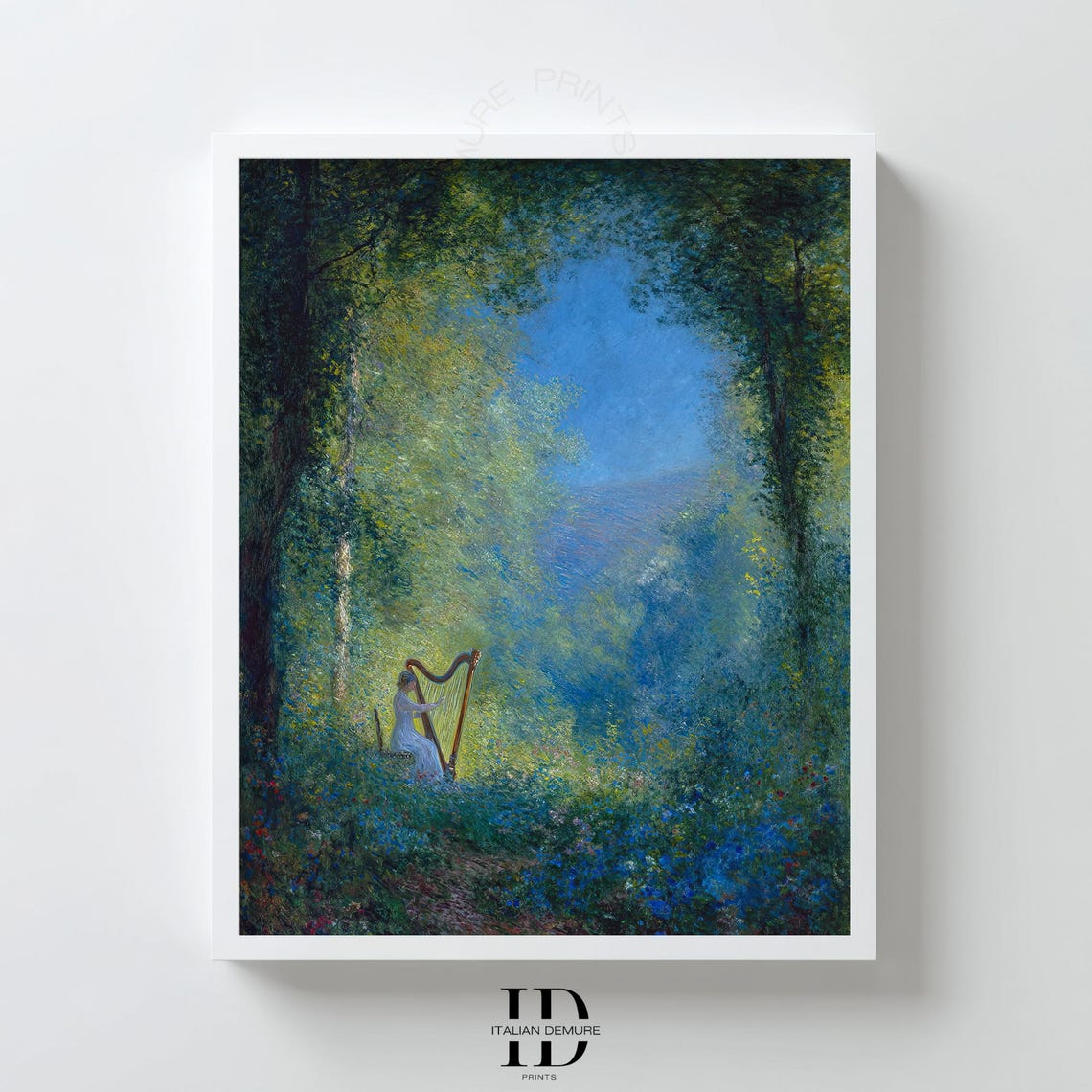 Woman Playing Harp in Forest Glade Impressionist Music Garden Poster