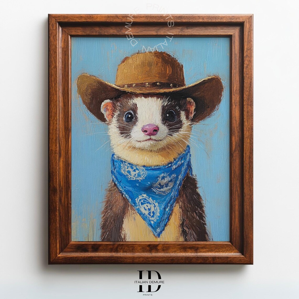 Cowboy Ferret Portrait Blue Bandana Cute Western Animal Art Print