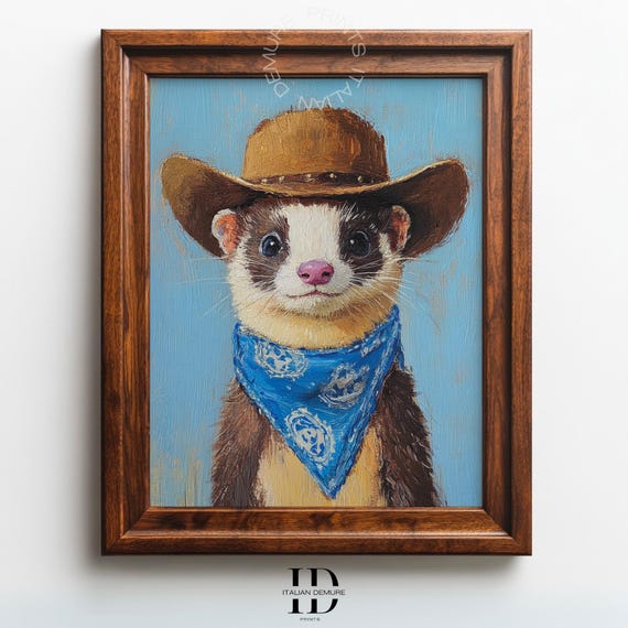 Cowboy Ferret Portrait In Blue Bandana Cute Wild West Animal Print Playful Artwork For Rustic Nursery Or Quirky Home Decor