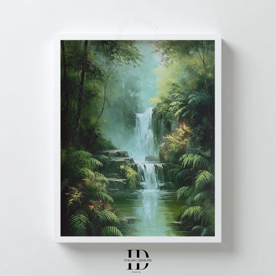 Waterfall Jungle Wall Art Tropical Forest Print Lush Green Landscape Poster Natureinspired Calm Decor Artwork