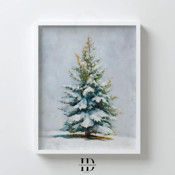 Winter Tree Wall Art Snowy Pine Minimalist Landscape Oil Painting Neutral Scandinavian Decor Christmas Poster