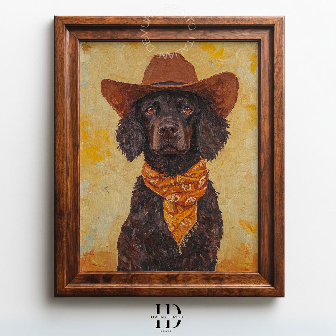 Black Spaniel Cowboy Hat Bandana Charming Oil Painting Pet Portrait Poster