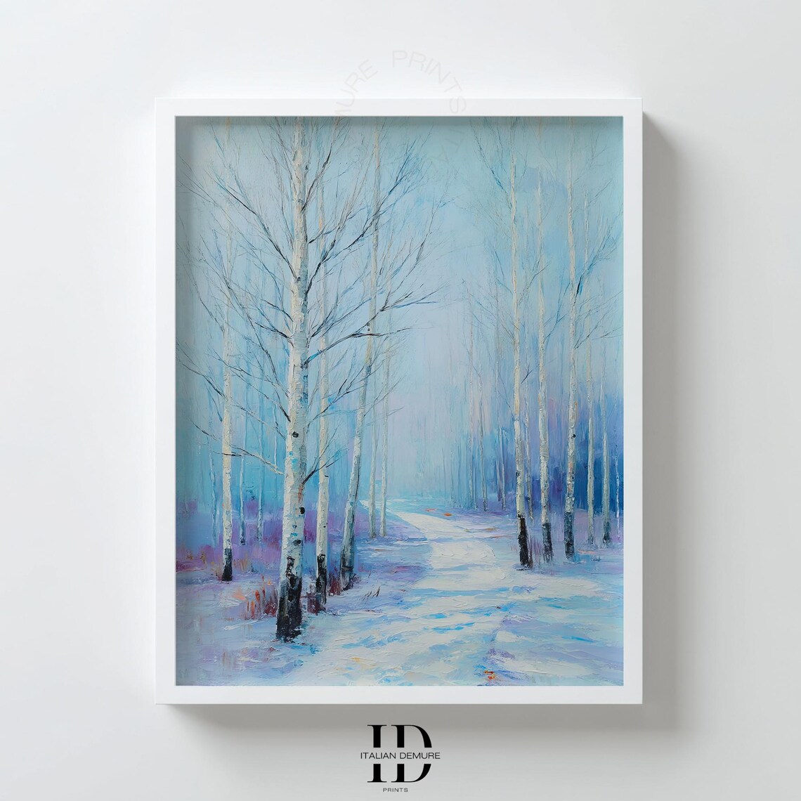 Winter Birch Forest Wall Art Snowy Path Landscape Print Misty Blue Minimalist Decor Scandinavian Bedroom