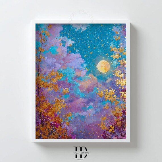 Teal Night Sky Wall Art Constellation Moon Print Gold Leaf Forest Painting Purple Cloud Landscape Bedroom Poster