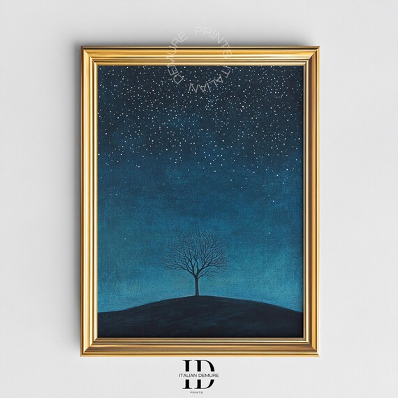 Midnight Tree Under Starry Sky Minimalist Night Landscape Wall Art Blue Nature Decor Prints Mother